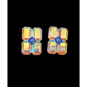 Vintage Clear AB Crystal Clip Earrings Blue Accent Rhinestone Statement Jewelry